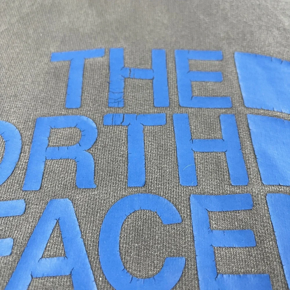 The North Face Men Large Gray Hoodie Blue Logo Graphic Pullover Sweatshirt